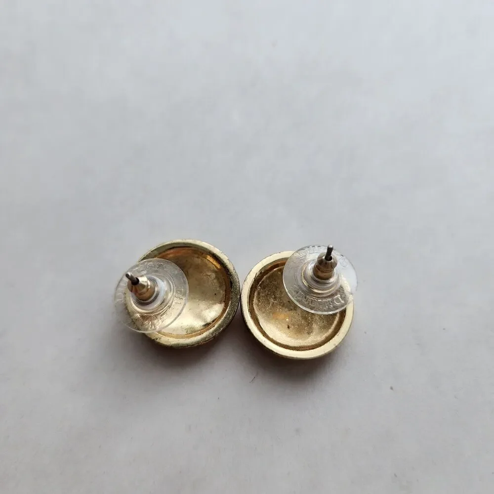 Dillards Vintage Gold Round Button Blue Inlay Post Back Earrings 925 Stamped‎